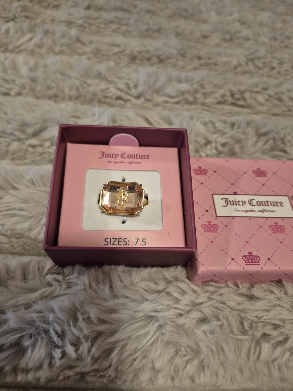 Juicy Couture Gold Tone Ring Pink Emerald Cut Crystal Size 7.5
